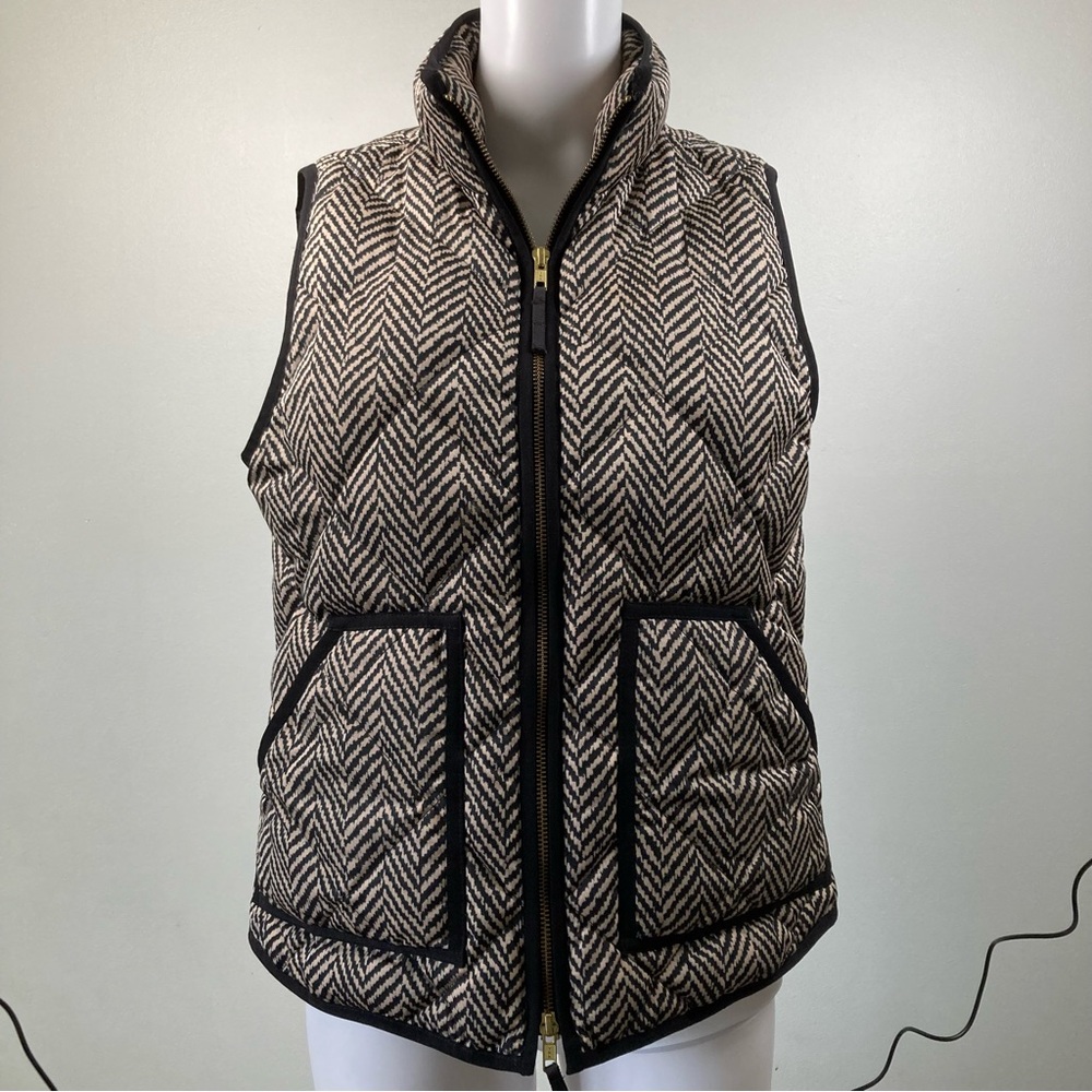 J Crew Black Tan Down Zip Puff Vest Jacket Sz S Quilted